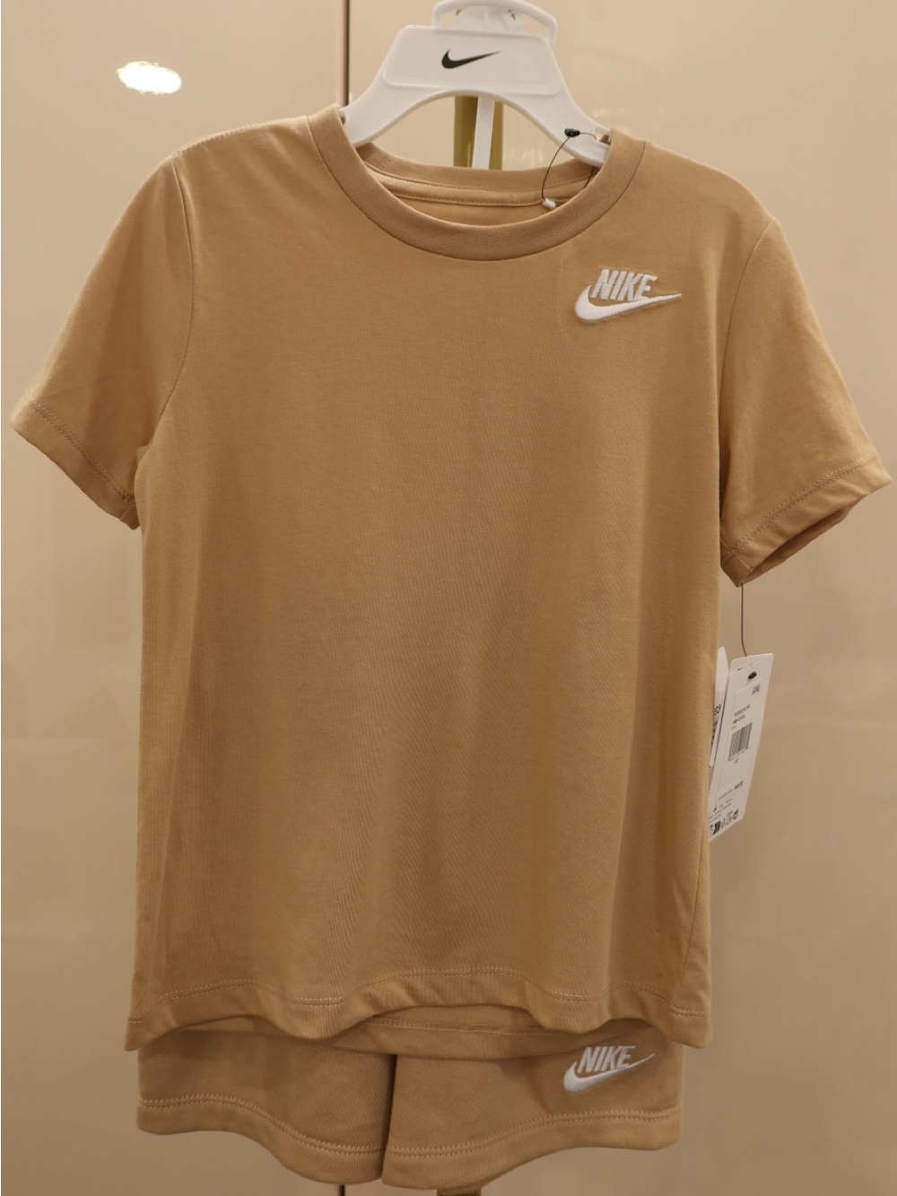 Nike Beige Short Sleeve Kids Tee and Shorts Set with White Logo